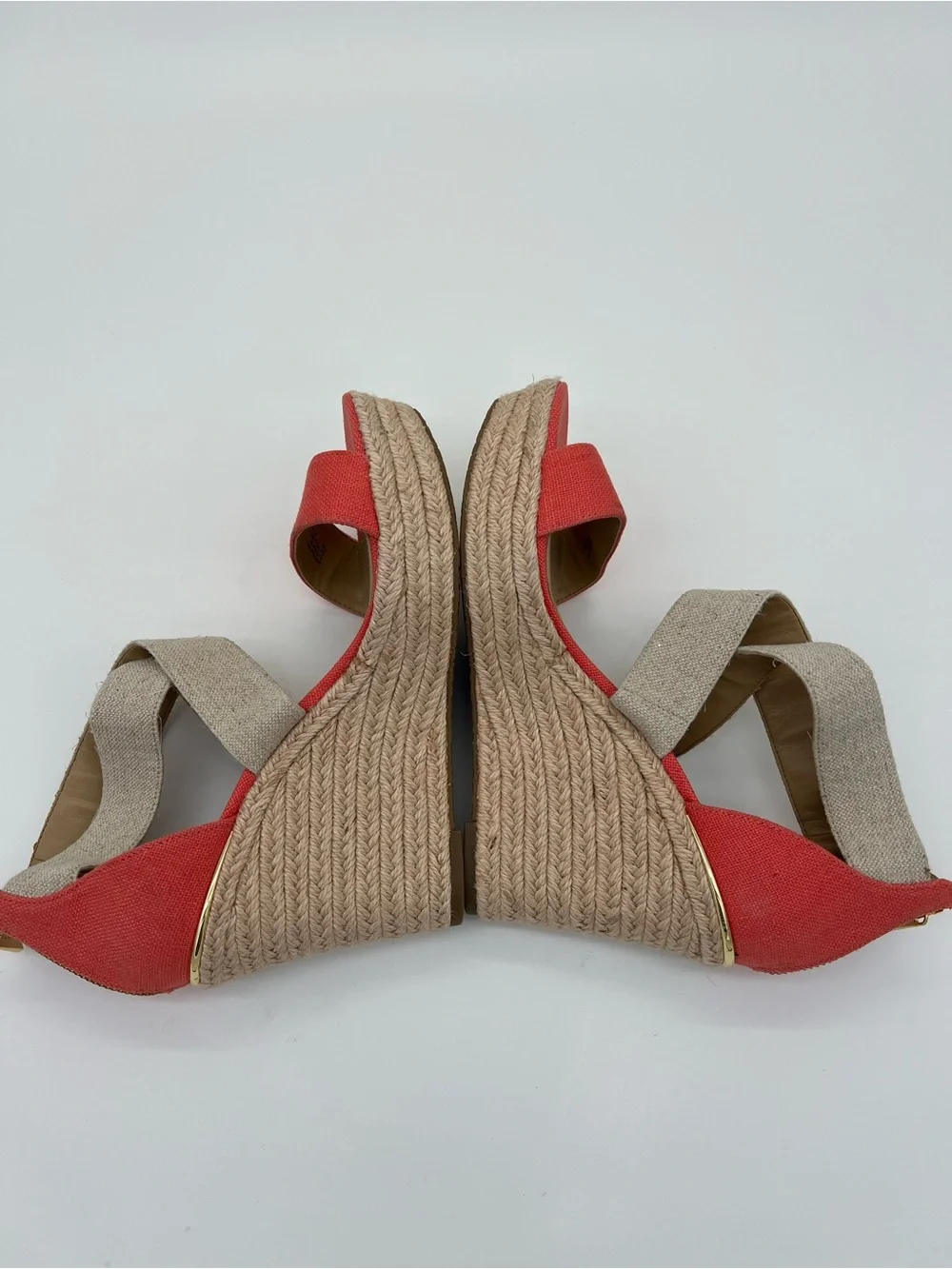 Michael Kors Coral and Natural Canvas Espadrille Wedge Sandals size 7.5